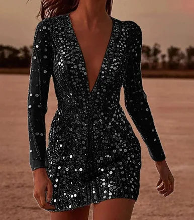 Abito da Sera con Paillettes – Scollo a V, Maniche Lunghe, Vestibilità Slim