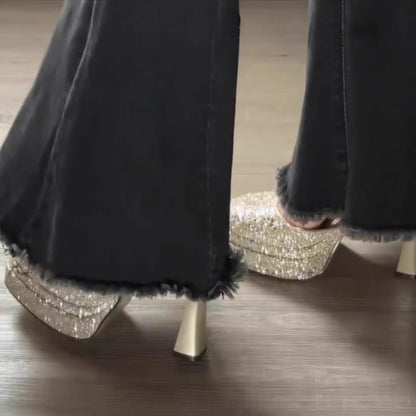 Sandali con Tacco Super Alto e Paillettes – Plateau, Cinturino alla Caviglia