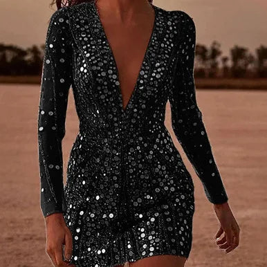 Abito da Sera con Paillettes – Scollo a V, Maniche Lunghe, Vestibilità Slim