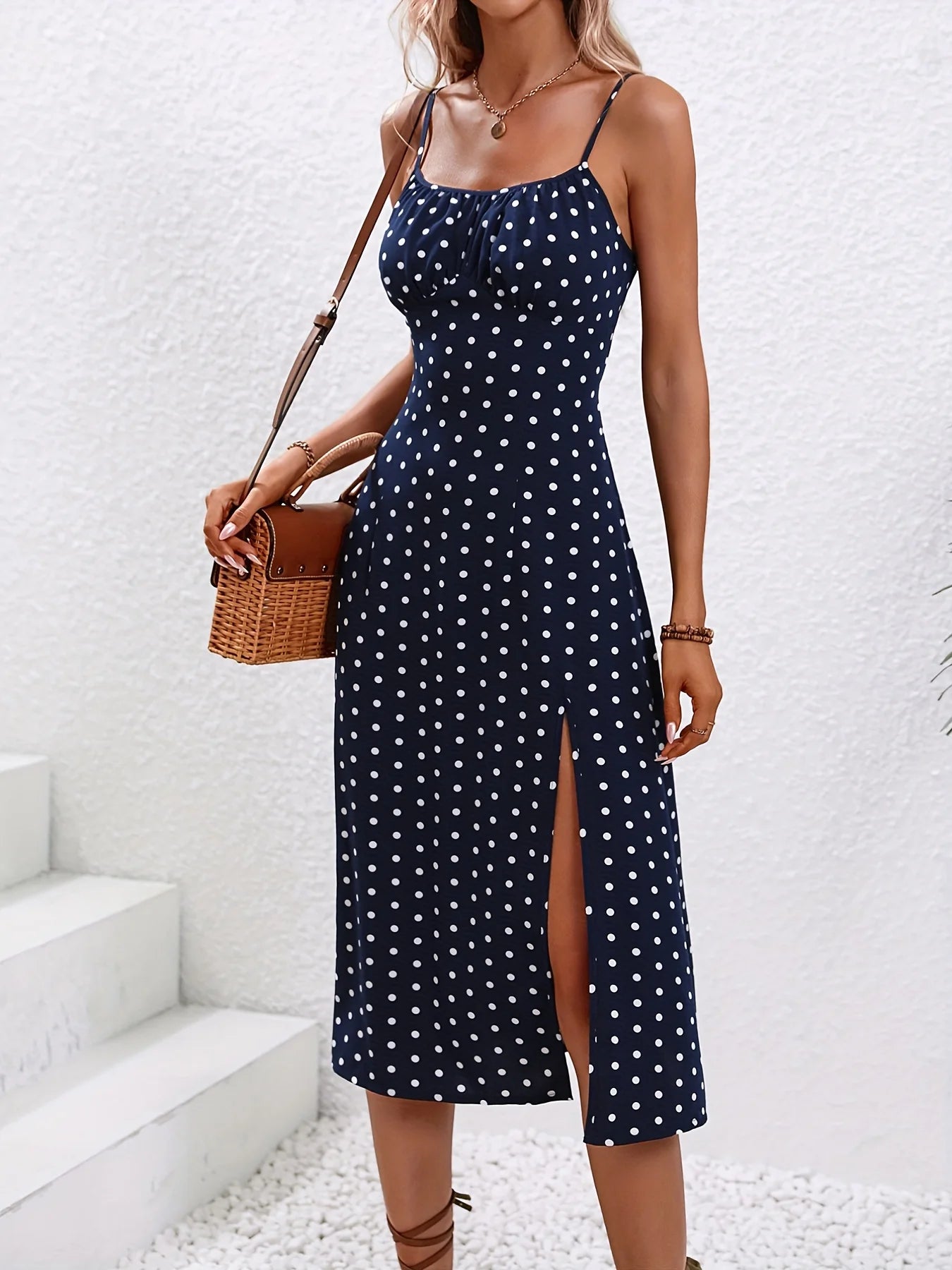 Abito estivo boho senza spalline con stampa a pois