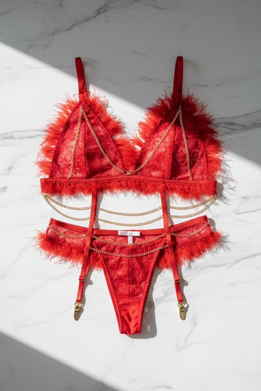 Set Lingerie MUSE 3 Pezzi – Pizzo con Piume e Dettagli a Catena