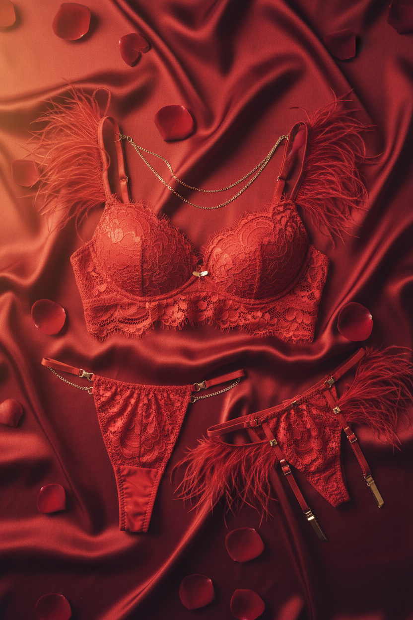 Set Lingerie MUSE 3 Pezzi – Pizzo con Piume e Dettagli a Catena