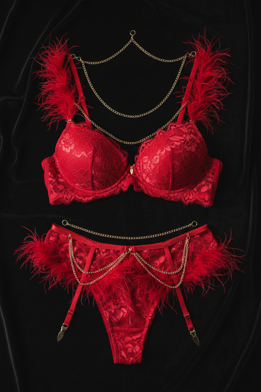 Set Lingerie MUSE 3 Pezzi – Pizzo con Piume e Dettagli a Catena